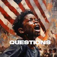 a painting with the words questions in front of an american flag