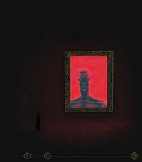 a man is standing in front of a red painting in a dark room