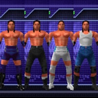 four wrestlers standing in front of a purple screen