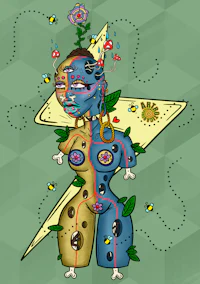 a drawing of a woman with a flower on her head