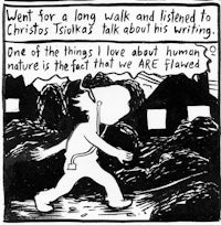a black and white drawing of a man walking down the street