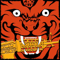 a tiger with a saxophone in its mouth