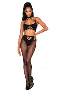 a woman in black fishnet stockings and fishnet stockings