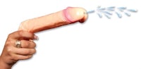 a hand holding a pink dildo with water coming out of it