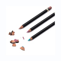 three colored pencils on a white background