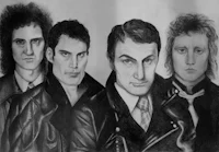 a black and white drawing of a group of men in leather jackets