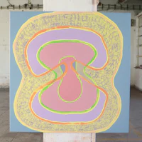 a painting with a pink, yellow, and green background