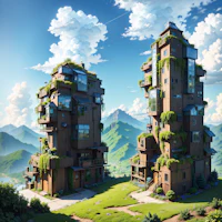 two futuristic buildings on top of a hill