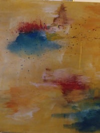 an abstract painting with red, yellow and blue colors