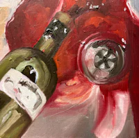 an oil painting of a bottle of wine
