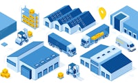 a isometric image of a warehouse and trucks