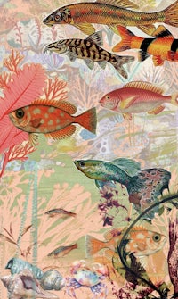 a painting of fish and corals on a pink background