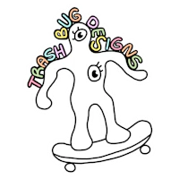 a sticker with a cartoon character on a skateboard