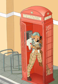 a cartoon of a woman in a telephone booth