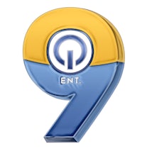 a blue and yellow logo with the number 9 on it