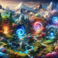 a painting of a fantasy world with a lot of colorful doors