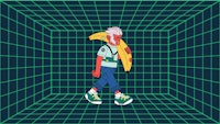a cartoon character with a banana walking through a grid