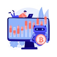 a robot sitting on top of a computer screen with a bitcoin on it