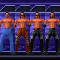four wrestlers standing in front of a purple background