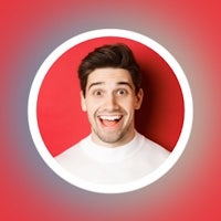 a man with a smile on a red background