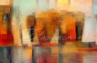 an abstract painting of sailboats in the water