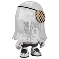 a black and white figure with a hat and glasses