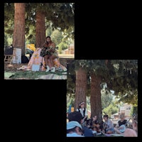 two pictures of people sitting in the grass under a tree
