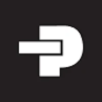 a white logo with the letter p on a black background