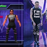 wwe wrestlers in purple outfits standing next to each other