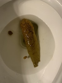 a toilet with a piece of food in it