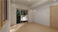 a 3d rendering of an empty room with a sliding door
