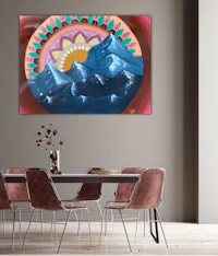 a dining room with a colorful painting on the wall