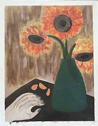 a painting of a hand with sunflowers in a vase