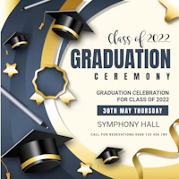 a graduation ceremony flyer with gold caps and hats