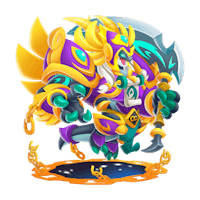 a cartoon character with a purple and gold color scheme