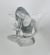 a drawing of a girl with a butterfly on her head