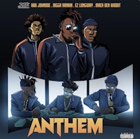 the cover of anthem, featuring a group of men in suits