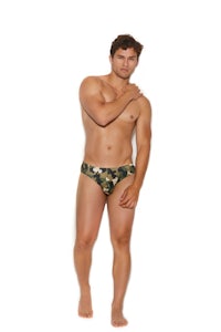 a man in a camouflage bikini posing with his hands on his hips