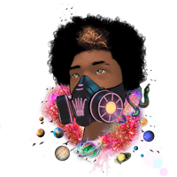 a man with a gas mask and colorful flowers