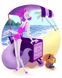 a cartoon of a woman in a bikini standing next to a cart