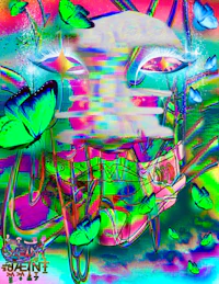 a colorful psychedelic painting of a face with butterflies
