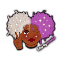 a black girl with purple hair and a peace sign sticker
