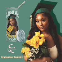 a woman in a graduation gown is holding a bouquet of flowers