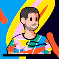 a cartoon of a man in a colorful t - shirt
