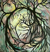 a painting of a tree in the shape of a spiral