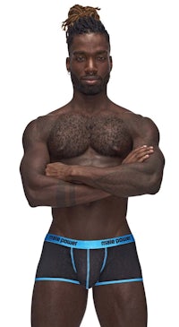 a man wearing a black and blue boxer brief