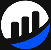 a blue and white logo with a bar graph