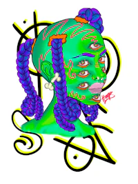 a drawing of a woman with green hair and purple eyes