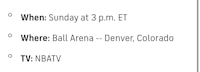 when sunday at 3 et where ball arena denver colorado tv tv