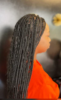 a woman with braided hair in front of a mirror